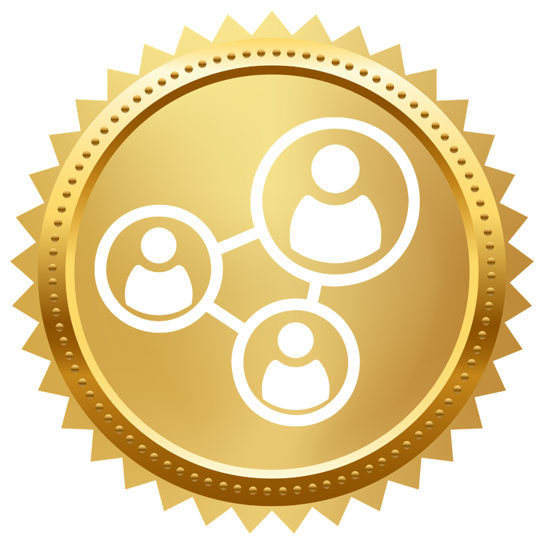 connection_builder_award_evergreen • Evergreen Healthcare Group Gold medal icon with three interconnected user avatars, symbolizing networking or teamwork.