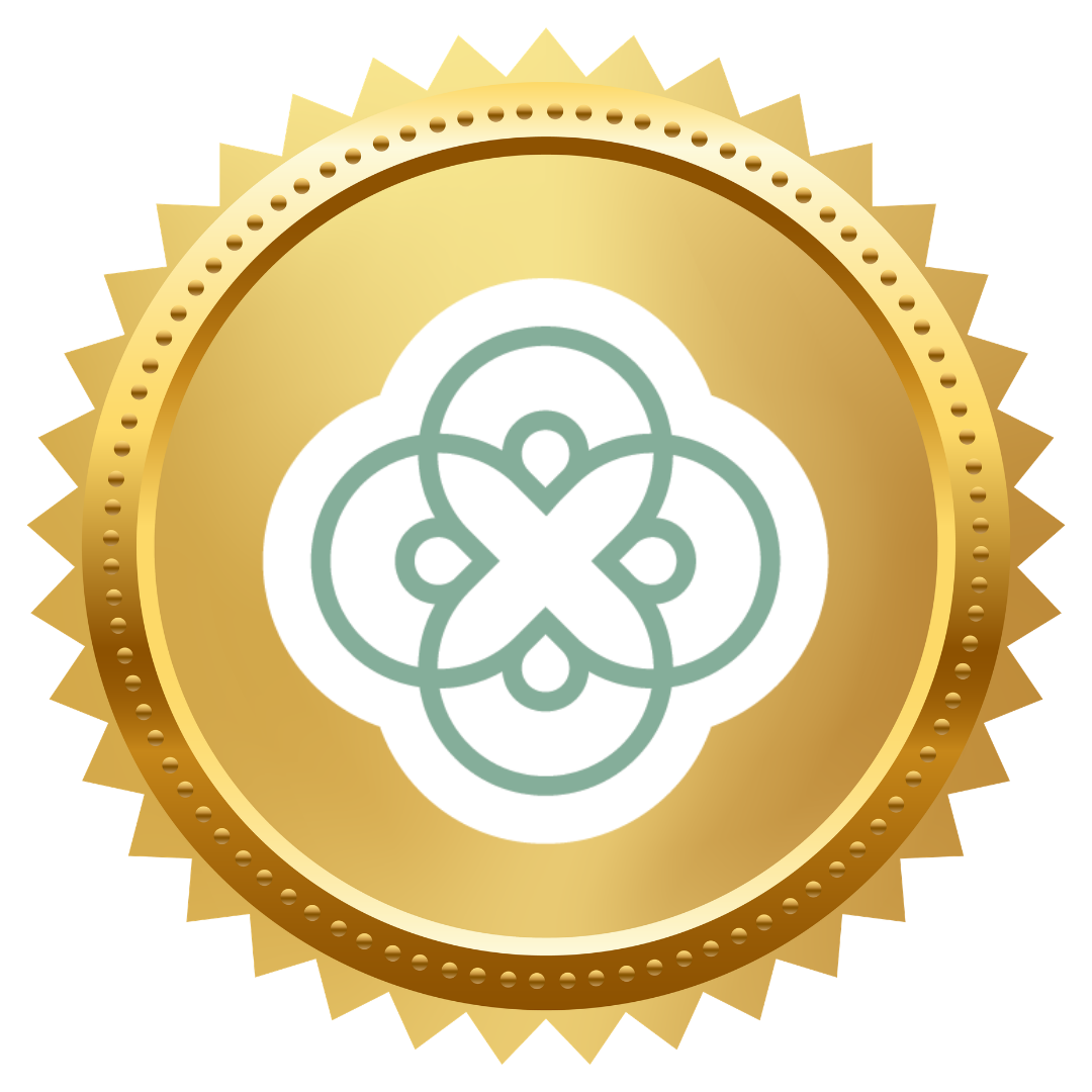 team_member_of_the_year_evergreen • Evergreen Healthcare Group Gold medal with a starburst edge and an abstract white-green intertwined floral emblem in the center.