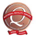 ahca_bronze_2026_evergreen • Evergreen Healthcare Group Bronze National Quality Award medal: circular bronze badge with a white 'Q', red ribbon displaying '2026 Bronze', and surrounding text for AHCA/NCAL and the National Quality Award.